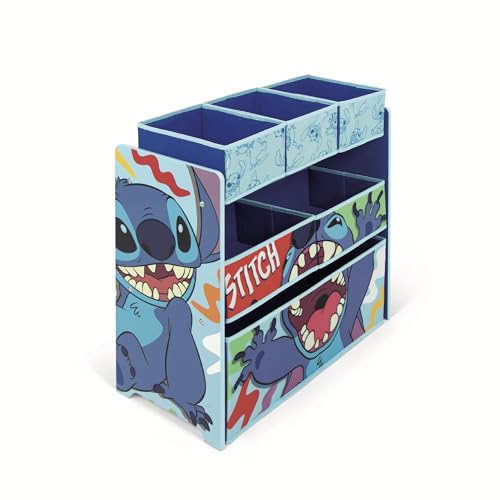 ARDITEX - Organisateur en bois avec 6 bacs en tissu à l’effigie de Stitch de Disney - 62x30x60 cm - Couleur bleu - Parfait pour ranger les jouets dans une...