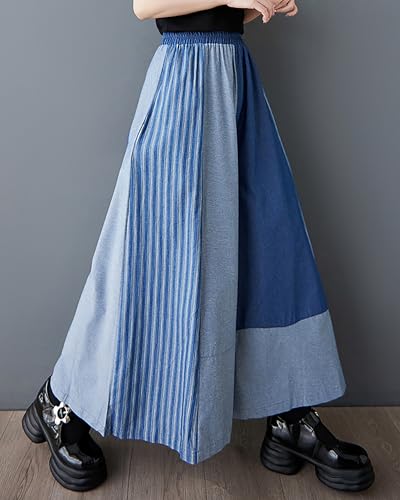 ellazhu Women's Pants Wide Leg Pocket High Waist Patchwork Striped Contrasting Jean GZ4672