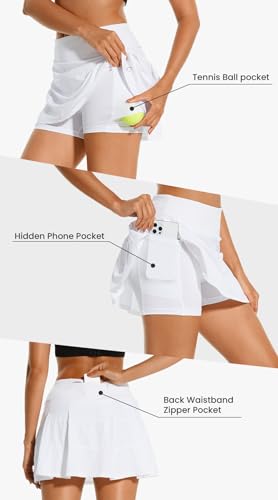 HODOSPORTS Saia de tênis feminina plissada para golfe saia com bolsos cintura alta atlética, Branco,