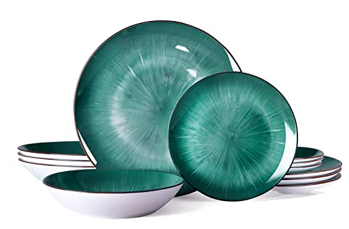 Bestone Porcelain Dinnerware Sets Service for 4, 12 pcs Hand drawn Plates and Bowls Sets, Handmade Ceramic Dish Set, Chip Resistant Modern Plate Set, Dishwasher/Microwave Safe，Starburst Green