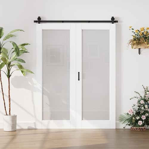 Image of 60 inchx80 inch White 1-Lite Frosted Glass Bifold Barn Door Slab and 64 inch Track Kit