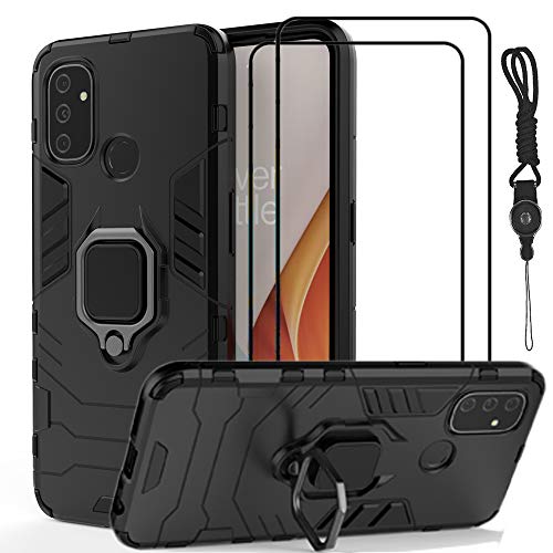 FLYME for Oneplus Nord N100 Case with Tempered Glass Screen Protector(2 Pack)&Neck Lanyard, Dual Layer Hybrid Tank Armor Case with Kickstand Shockproof & Tough PC Back Cover,Black
