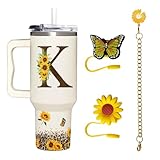 SUFAVN Sunflowers Tumbler With Handle 40oz For Women Monogram Letter K with Straw Cover Tumbler, Charm Tumbler Set Cup Accessories
