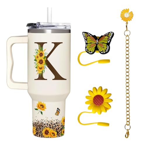 SUFAVN Sunflowers Tumbler With Handle 40oz For Women Monogram Letter K with Straw Cover Tumbler, Charm Tumbler Set Cup Accessories
