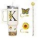 SUFAVN Sunflowers Tumbler With Handle 40oz For Women Monogram Letter K with Straw Cover Tumbler, Charm Tumbler Set Cup Accessories