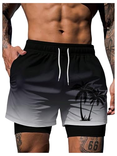 Men's Hawaiian Graphic Ombre Print Swim Trunks Drawstring Waist Straight Leg Beach Shorts