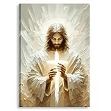 Jesus Canvas Wall Art with Holding Cross, Cross Paint Stripe Painting Poster, Christian Wall Decor, Jesus Picture for Wall Living Room Church Bedroom Home Decoration 12*18 in (Stretched Canvas on A Wooden Frame)
