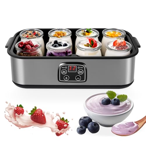 Yogurt Maker with 8 Glass Jars, 1400ml Electric Yoghurt Maker Machine with Led Display, Adjustable Temp & Timer, 8x180ml Glass Containers for Making Organic Yogurt, Natto, Healthy Homemade Desserts