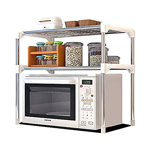 DINOS Stainless Steel Space Saver Double Layer Microwave Oven Stand Kitchen Storage Rack/Cutlery Storage Rack with Hanging Hook Containers Kitchen Rack Utensil Kitchen Rack (Multi Color)