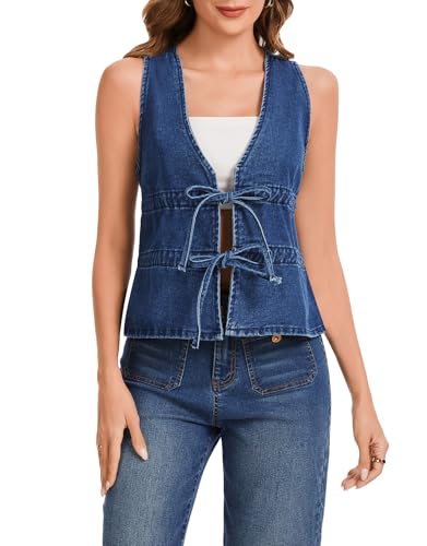 Ladyful Women's Deep V-Neck Denim Vest Bow Tie Front Sleeveless Jean Waistcoat Y2K Fashion Summer Top Tank Dark Blue