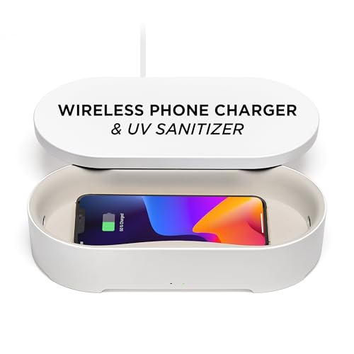 Lexon UV Phone Sanitizer Machine & Wireless Charger - OBLIO Box QI Fast Charging and 360° UV-C Light Cellphone Cleaner, Glasses, Keys, Makeup Brush, Tools, All That Fits in - White