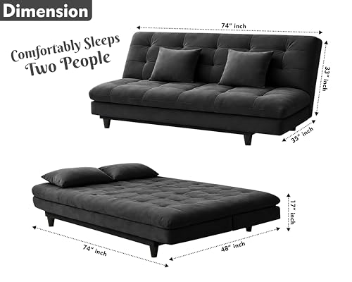 Image of Modern Velvet Convertible 3-Seater Futon Sofa Bed with Tufted Sleeper Couch with Adjustable Backrest- Living Room Furniture-Black-Color