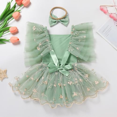 ODASDO Baby Girl Floral Embroidery Tulle Tutu Princess Romper Dress First Birthday Cake Smash Outfit with Bowknot Headband3