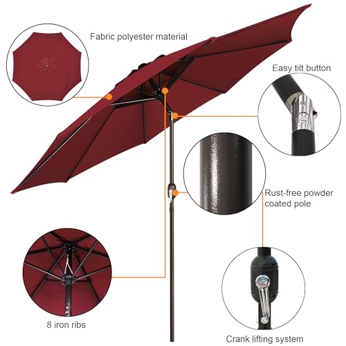 Image of Blissun 9' Outdoor Patio Umbrella, Outdoor Table Umbrella, Yard Umbrella, Market Umbrella with 8 Sturdy Ribs, Push Button Tilt and Crank
