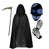 BouQuw Grim Reaper Halloween Costume Scary Costume for Kids With LED Mask,Cloak,Scythe,Gloves Included (S-47.2in)