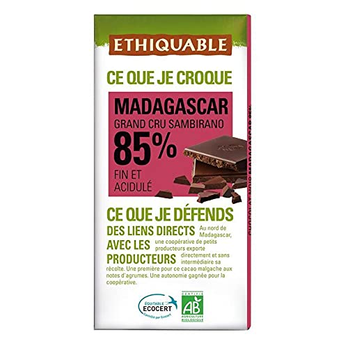 Chocolat Noir de Madagascar Bio 85% de Cacao | Marque Ethiquable - Gourmandise Éthique et Durable en 100g - Le Lot De 4