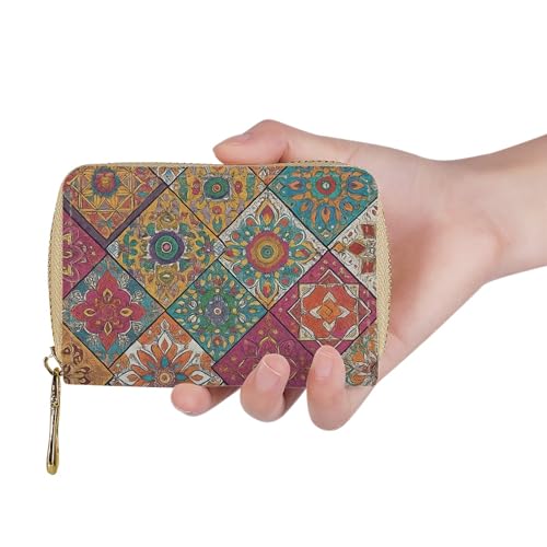 Boho Bohemian Mandala Card Case Leather Credit Card Holder with Zipper,RFID Blocking,20 PVC Slots Small Card Wallet for Women Men2