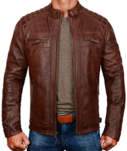 Fashion_First Colección de Chaqueta de Cuero de Motociclista Vintage Retro Cafe Racer Antigua para Hombre - Cuero Genuino de Piel de Vaca, M