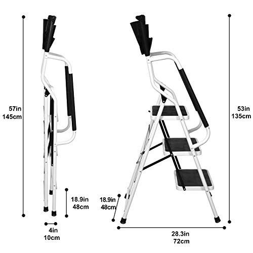3 Step Ladder Tool Ladder Folding Portable Steel Frame MAX 500 lbs Non-Slip Side armrests Large Area Pedals Detachable ToolBag Suitable for Home Office Engineering