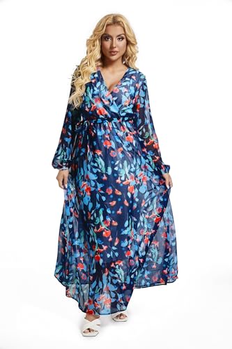 Image of lvenzse Womens Maxi Dress Boho Chiffon Floral Printed Long Party Dresses Plus Size with Belt (FBA)