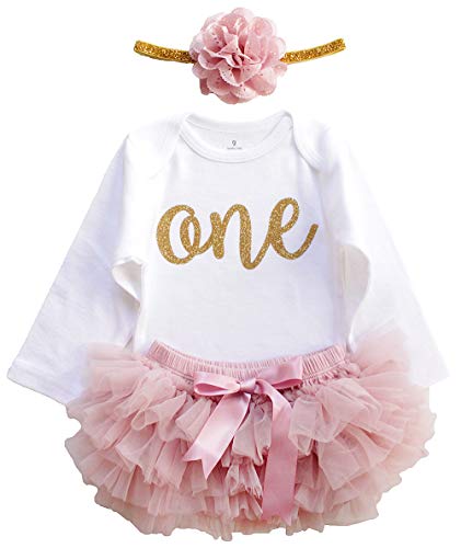 3PCS Baby Girls 1st Birthday Outfits One Gold Wild One Glitter Bodysuit TUTU Bloomer Sets (One Dusty Rose Long Sleeve, 12 Months)