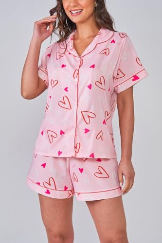 Image of Yiulangde Women's Easter Pajamas 2 Piece Sets Satin Short Sleeve Preppy Easter Eggs Bunny PJs Outfit Button Up Loungewear Set
