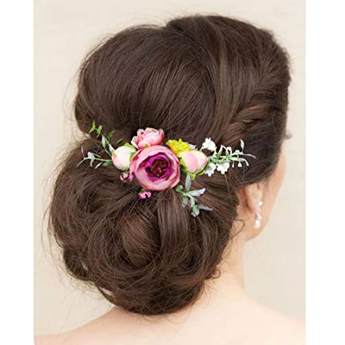 Fangsen Silver Wedding Rose Flower Pinecones Hair Comb Bridal Flower Hair Clip Floral Christmas Hair Accessories (Pink) #TOP7