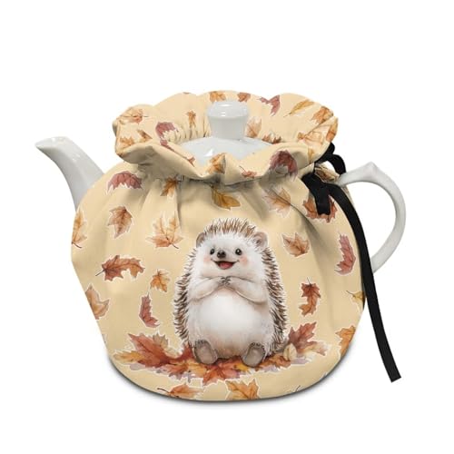 Image of Teapot Cosy Hedgehog Print Teapot Dust Cover Maple Leaf Print Tea Cozy for Teapot Portable Decorative Teapot Insulation Cover Dust-Proof Tea Pot Cozy Cover, Brown
