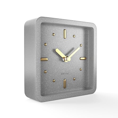 Driini Modern Mid Century Desk & Shelf Clock (Gray and Gold) - Battery Operated with Silent, Analog Movement – Small Tabletop Clocks for Office – Perfect for Mantle, End Table, Desktop or Nightstand