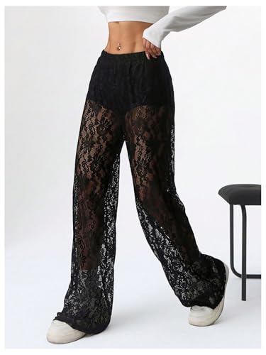 SOLY HUX Women's Lace Sheer Wide Leg Pants Elastic Waist See Through Party Trousers4