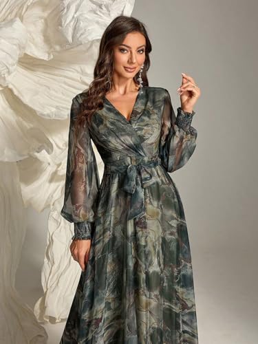 Image of TOLEEN Summer Casual Dresses for Women 2024 Spring Fashion Boho V Neck Long Sleeve Ruffle Floral Print Elegant Maxi Dress