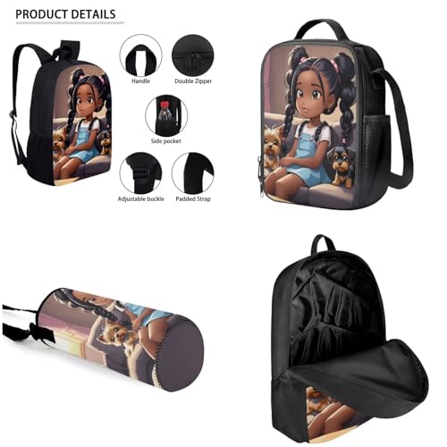 African Black Backpack and Lunch Bag Set for Girls Primary/Kindergarten Bookbag Lunch Box Pencil Pen Case Book Bag Lunchbox Water Bottle Holder4
