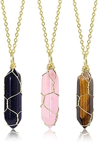 ALEXCRAFT 3PCS Healing Crystal Necklaces, Rose Quartz Aventurine Amethyst Necklace Crystals and Gemstones Set Natural Hexagonal Pointed Crystal Necklace Pendant for Women Girls Men