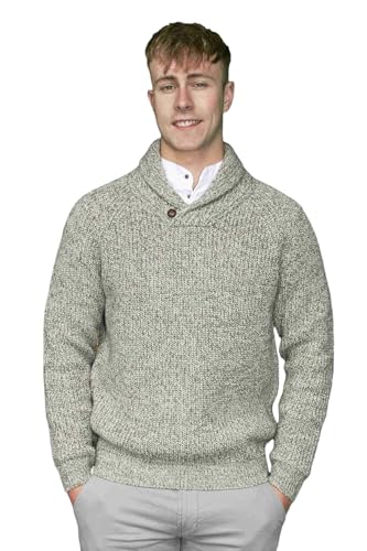 Emerald Isle Aran Fisherman’s Sweater for Men's, Cable Knit Shawl Collar Pullover Made in Ireland (US, Alpha, Medium, Regular, Regular, Oatmeal Marl)