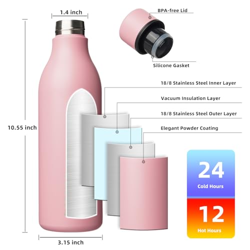 Image of BJPKPK Insulated Water Bottles, 25 oz Stainless Steel Metal Water Bottle with Strap, BPA Free Leak Proof Jugs, Mugs, Flasks, Reusable Thermal Flasks for Sports & Travel, Light Pink