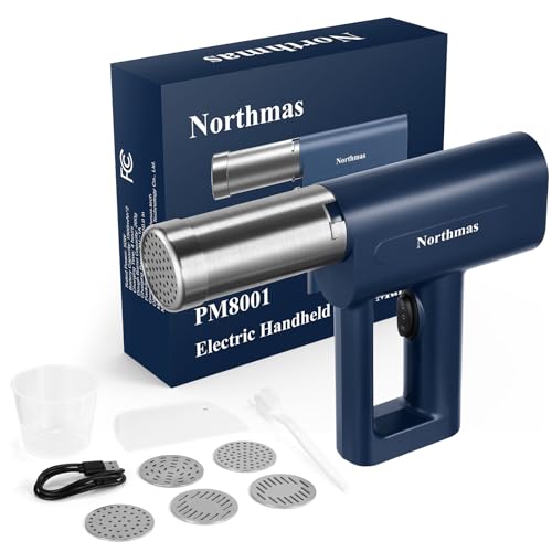 Northmas Electric Pasta Maker, 5-in-1 Handheld Pasta Maker Machine, Automatic Dough Press, 3000mAh Larger Battery, Cordless for Portable Design, Blue, Include a Cleaning Brush