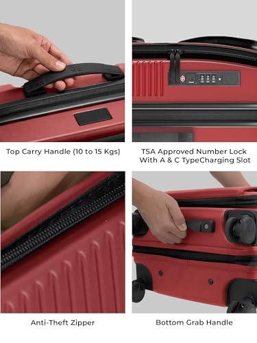 Image of EUME Aerotop Cabin Trolley Bag Small | Top Open Suitcase | Expandable Hard Polycarbonate Luggage | TSA Lock, Anti Theft Zipper, Silent Wheels | 16 inch inch Laptop Holder + Charging Port | 50L Red