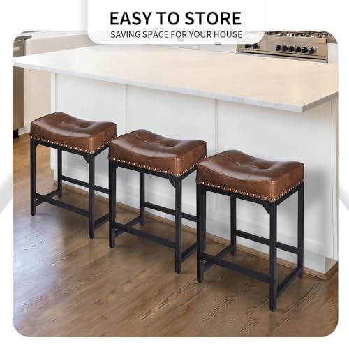 Image of Bar Stools Set of 3, Counter Height Bar Stools for Kitchen Counter, 24 Inch Saddle Backless Barstools Kitchen Stool, Counter Height Stool for Dinning Room, Island-Brown