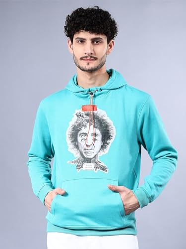 Image of The Indian Garage Co Men Green Relaxed Fit Placement Printed Overhead Hooded Sweatshirt