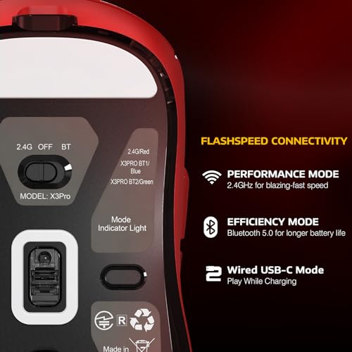 Image of ATTACK SHARK X3PRO 4K /8K Lightweight Wireless Gaming Mouse with Tri-Mode(Wired /2.4GHz /BT),PAW3395 Optical Sensor,26K DPI,Kailh GM8.0 Switch,Long Battery,7 Buttons for PC /Laptop /Win /Mac(Red)