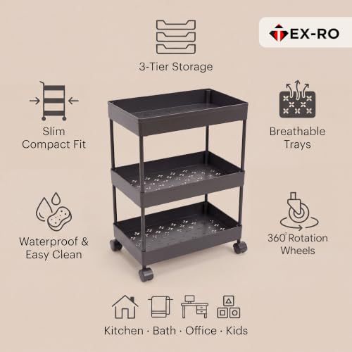 Image of TEX-RO Plastic Storage Rack for Bedroom | Shelf for Bedroom | Bathroom Storage Rack | Trolley for Kitchen Storage | Multipurpose Storage Rack (Black, 4 Layer)