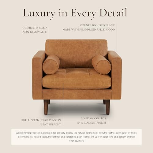 Image of POLY & BARK Napa Lounge Chair - 42 inch - Cognac Tan - Italian-Tanned Full-Grain Pure-Aniline Leather, Feather-Down Cushions, Solid Wood Frame