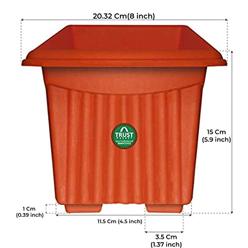 TrustBasket UV Treated Square Plastic Planter (8 inches) - Terracotta Color - Set of 3 | Heavy Duty Highly Durable Plant Container Gamla for Indoor Home Decor & Outdoor Balcony Garden