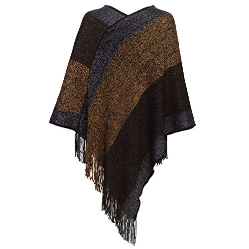 Image of Women's Elegant Knitted Shawl Poncho with Fringed V-Neck Striped Sweater Pullover Cape Gifts for Women Mom