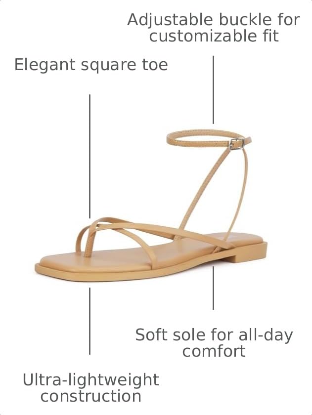 Image of Womens Flats Sandals Square Toe Strappy Ankle Strap Flats