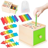 Homgaty Montessori Learning Tools, 3-in-1 Wooden Shape Sorting Box with Coin Slots & 25 Geometric Shapes, Fine Motor Skills Training and Stress Relief Activity Set for Adults Men Women