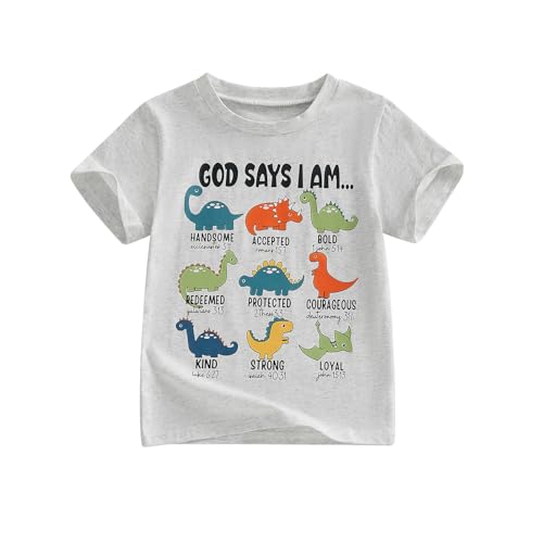 PUHHAPIEY Toddler Baby Boy T-Shirts God Says I Am Dinosaurs Short Sleeve Christian Tee Bible Verse Kids Shirt 1T 2T 3T 4T 5T (Light Gray, 3-4 Years)