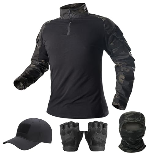 Mens Tactical Camo Shirt,Long Sleeve Combat Shirt,Cap Gloves Balaclava and 1/4 Zip Military Top Airsoft Gear
