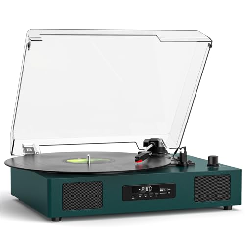 Vinyl Record Player with Built-in Stereo Speakers & USB Recording, Belt-Drive Vintage Portable Bluetooth Turntable Supports 3 Sizes 3 Speeds Records with RCA Output, Auto-Stop, Dark Green