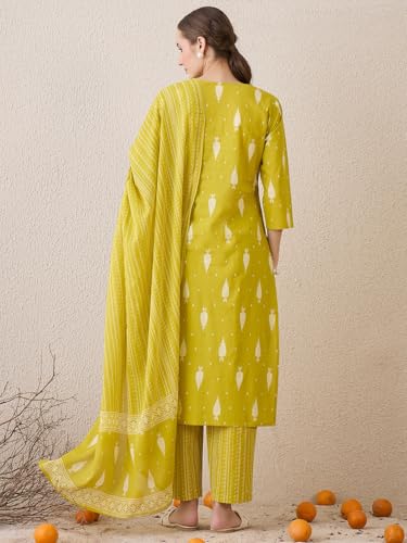 Image of INDO ERA Women's Pure Cotton Printed Straight Kurta & Pant With Dupatta Set